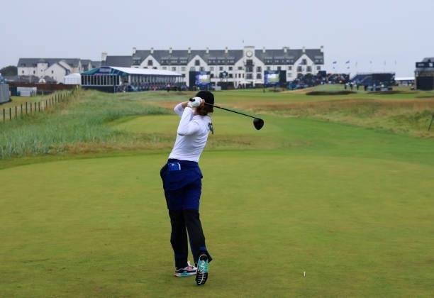 Yealimi Noh of The United States tees off on the eighteenth hole during Day Three of the AIG Women's Open at Carnoustie Golf Links on August 21, 2021...