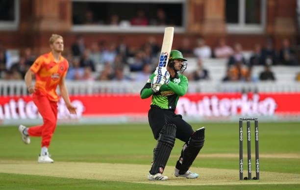 Brave batsman Quinton de Kock hits out during The Hundred Final match between Birmingham Phoenix Men and Southern Brave Men at Lord's Cricket Ground...