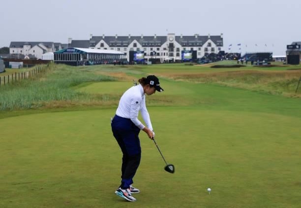 Yealimi Noh of The United States tees off on the eighteenth hole during Day Three of the AIG Women's Open at Carnoustie Golf Links on August 21, 2021...