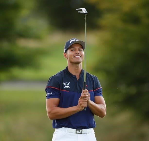 Johannes Veerman of The USA on the 18th during Day Three of The D+D Real Czech Masters at Albatross Golf Resort on August 21, 2021 in Prague, Czech...