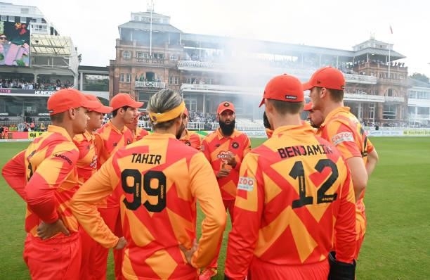 Moeen Ali of Birmingham Phoenix Men speaks with their side ahead of The Hundred Final match between Birmingham Phoenix Men and Southern Brave Men at...