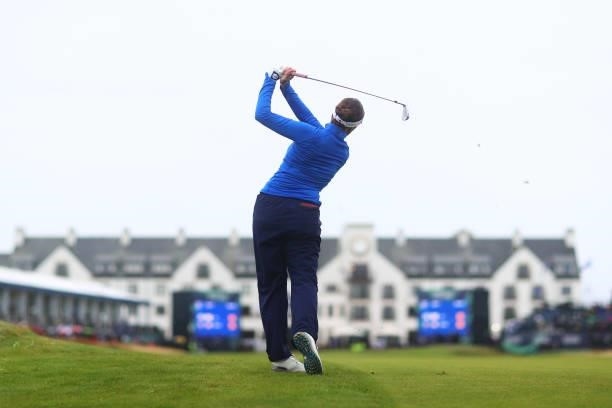 Georgia Hall of England plays her second shot on the eighteenth hole during Day Three of the AIG Women's Open at Carnoustie Golf Links on August 21,...