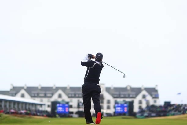 Mina Harigae of The United States plays her second shot on the eighteenth hole during Day Three of the AIG Women's Open at Carnoustie Golf Links on...