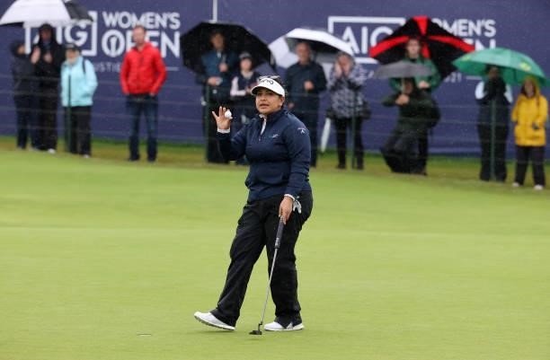 Lizette Salas of The United States acknowledges the crowd on the eighteenth green during Day Three of the AIG Women's Open at Carnoustie Golf Links...