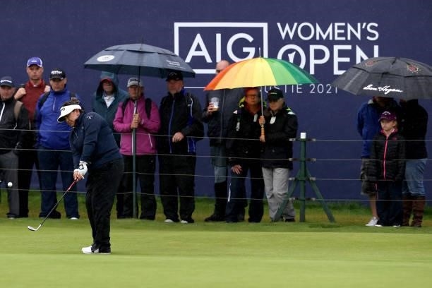 Lizette Salas of The United States chips onto the eighteenth green during Day Three of the AIG Women's Open at Carnoustie Golf Links on August 21,...