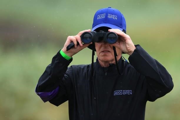 Marshall looks through binoculars during Day Three of the AIG Women's Open at Carnoustie Golf Links on August 21, 2021 in Carnoustie, Scotland.
