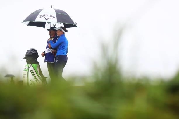 Georgia Hall of England prepares to tee off on the eighteenth hole during Day Three of the AIG Women's Open at Carnoustie Golf Links on August 21,...