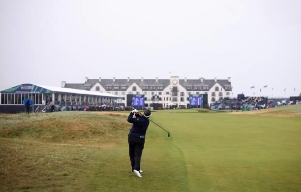 Lizette Salas of the United States plays her second shot on the eighteenth hole during Day Three of the AIG Women's Open at Carnoustie Golf Links on...