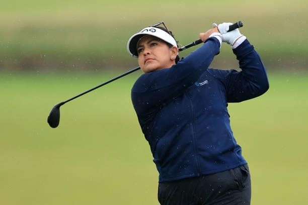 Lizette Salas of the United States hits her second shot on the eighteenth hole during Day Three of the AIG Women's Open at Carnoustie Golf Links on...