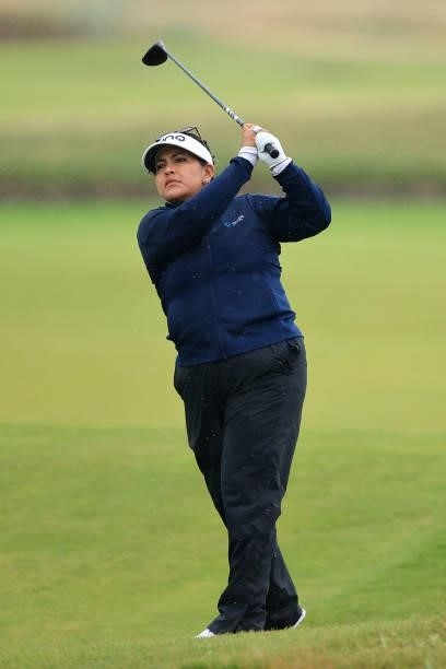 Lizette Salas of the United States hits her second shot on the eighteenth hole during Day Three of the AIG Women's Open at Carnoustie Golf Links on...
