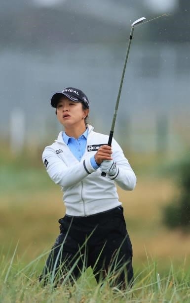 Sei Young Kim of South Korea plays her second shot on the eighteenth hole during Day Three of the AIG Women's Open at Carnoustie Golf Links on August...