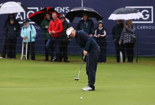 Nanna Koerstz Madsen of Denmark putts on the eighteenth green during Day Three of the AIG Women's Open at Carnoustie Golf Links on August 21, 2021 in...