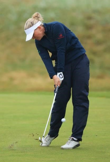Nanna Koerstz Madsen of Denmark hits her second shot on the eighteenth hole during Day Three of the AIG Women's Open at Carnoustie Golf Links on...