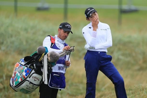 Yealimi Noh of the United States reacts to hitting her ball in the burn on the eighteenth hole during Day Three of the AIG Women's Open at Carnoustie...