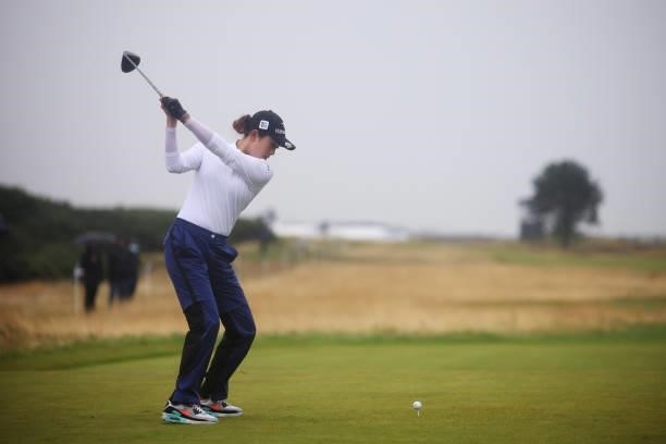 Yealimi Noh of the United States hits a tee shot during Day Three of the AIG Women's Open at Carnoustie Golf Links on August 21, 2021 in Carnoustie,...