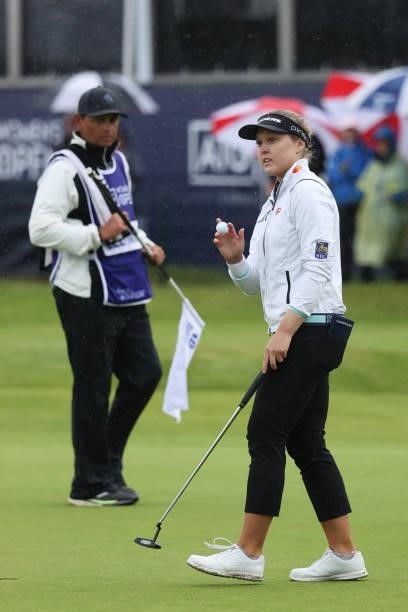 Brooke Henderson of Canada waves to the crowd on the eighteenth green during Day Three of the AIG Women's Open at Carnoustie Golf Links on August 21,...