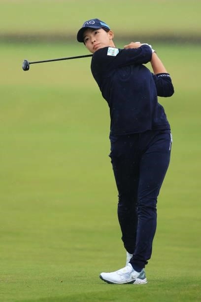 Hinako Shibuno of Japan plays her second shot on the eighteenth hole during Day Three of the AIG Women's Open at Carnoustie Golf Links on August 21,...