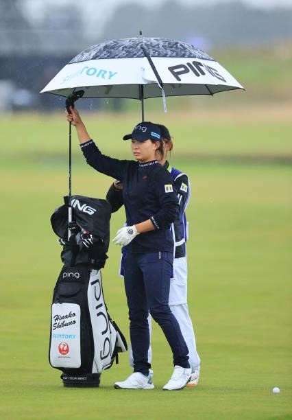 Hinako Shibuno of Japan prepares to play her second shot on the eighteenth hole during Day Three of the AIG Women's Open at Carnoustie Golf Links on...