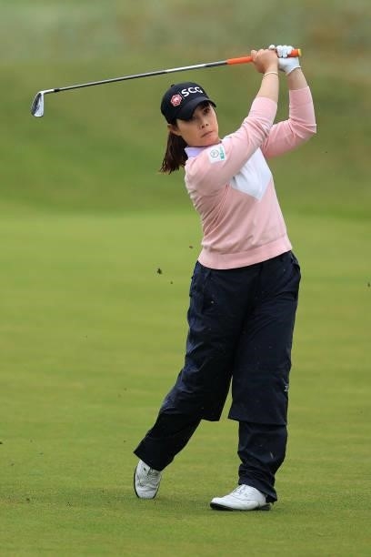 Moriya Jutanugarn of Thailand plays her second shot on the eighteenth hole during Day Three of the AIG Women's Open at Carnoustie Golf Links on...