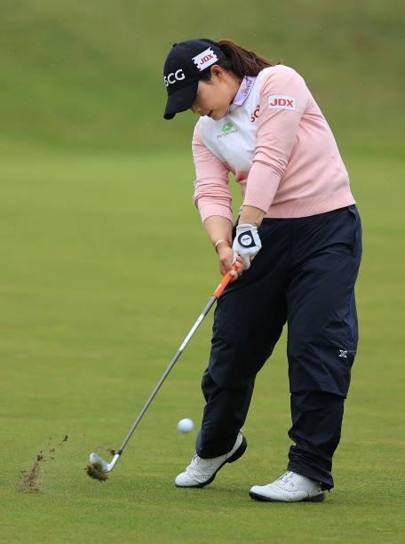 Moriya Jutanugarn of Thailand plays her second shot on the eighteenth hole during Day Three of the AIG Women's Open at Carnoustie Golf Links on...