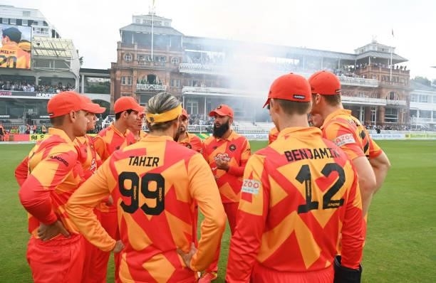 Moeen Ali of Birmingham Phoenix Men speaks with their side ahead of The Hundred Final match between Birmingham Phoenix Men and Southern Brave Men at...
