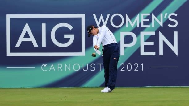 Yuka Saso of Philippines tees off on the first hole during Day Three of the AIG Women's Open at Carnoustie Golf Links on August 21, 2021 in...