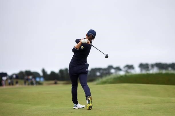 Hinako Shibuno of Japan plays a shot during Day Three of the AIG Women's Open at Carnoustie Golf Links on August 21, 2021 in Carnoustie, Scotland.