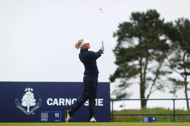 Nanna Koerstz Madsen of Denmark tees off on the eleventh hole during Day Three of the AIG Women's Open at Carnoustie Golf Links on August 21, 2021 in...