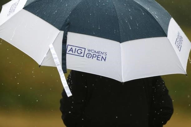 Detail view of rainfall on an AIG Women's Open umbrella during Day Three of the AIG Women's Open at Carnoustie Golf Links on August 21, 2021 in...