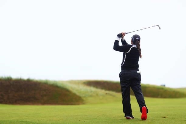 Mina Harigae of The United States plays her second shot on the fourteenth hole during Day Three of the AIG Women's Open at Carnoustie Golf Links on...