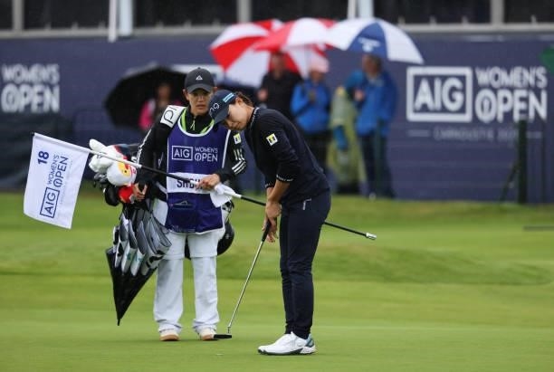Hinako Shibuno of Japan prepares to putt on the eighteenth green during Day Three of the AIG Women's Open at Carnoustie Golf Links on August 21, 2021...