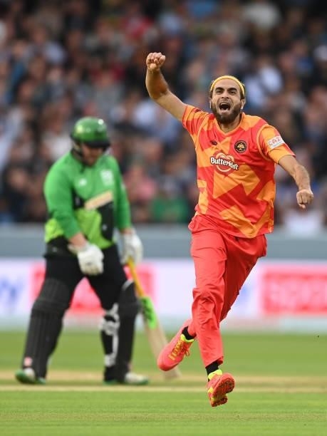 Imran Tahir of Birmingham Phoenix Men celebrates after taking the wicket of Paul Stirling of Southern Brave Men during The Hundred Final match...