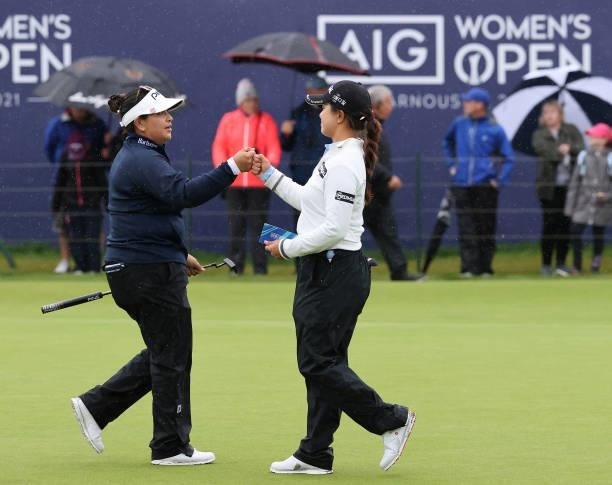 Lizette Salas of The United States and Sei Young Kim of South Korea fist bump after finishing their round on the eighteenth green during Day Three of...