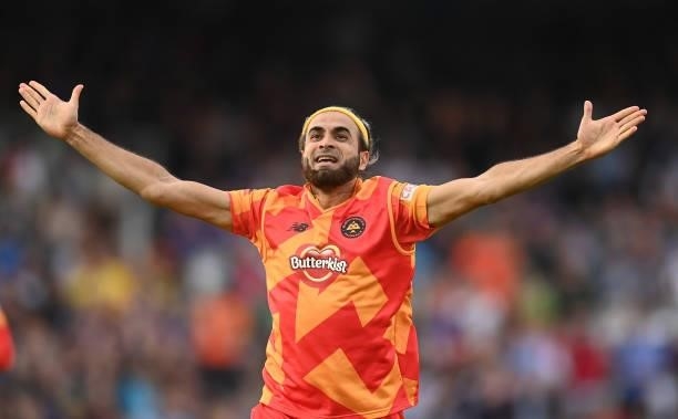 Imran Tahir of Birmingham Phoenix Men celebrates after taking the wicket of Paul Stirling of Southern Brave Men during The Hundred Final match...