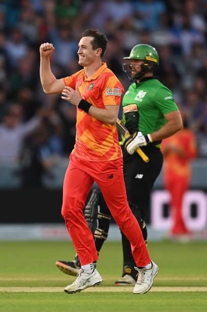 Adam Milne of Birmingham Phoenix Men celebrates after taking the wicket of Alex Davies of Southern Brave Men during The Hundred Final match between...