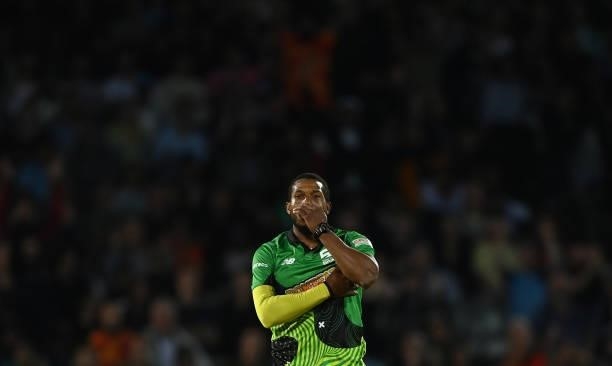 Chris Jordan of Southern Brave Men reacts during The Hundred Final match between Birmingham Phoenix Men and Southern Brave Men at Lord's Cricket...