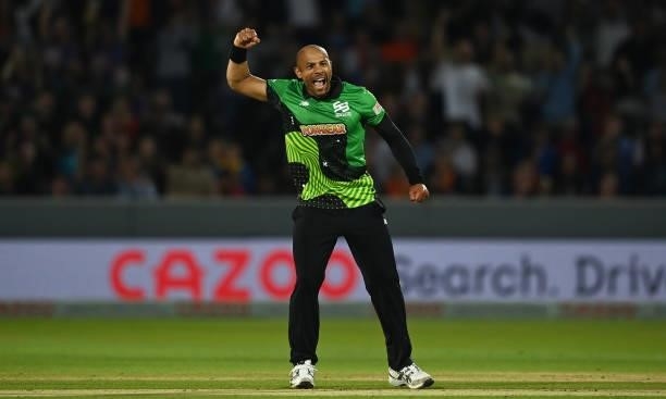 Tymal Mills of Southern Brave Men celebrates after taking the wicket of Miles Hammond of Birmingham Phoenix Men during The Hundred Final match...