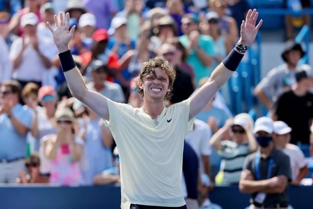 Andrey Rublev of Russia celebrates after defeating Daniil Medvedev of Russia 2-6, 6-3, 6-3 during day 7 of the Western & Southern Open at the Lindner...