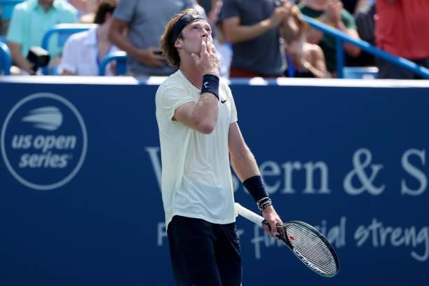 Andrey Rublev of Russia celebrates after defeating Daniil Medvedev of Russia 2-6, 6-3, 6-3 during day 7 of the Western & Southern Open at the Lindner...