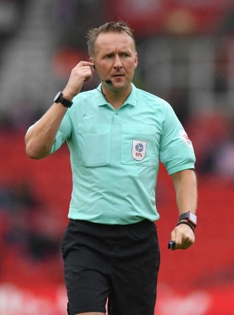 Referee Oliver Langford during the Sky Bet Championship match between Stoke City and Nottingham Forest at Bet365 Stadium on August 21, 2021 in Stoke...