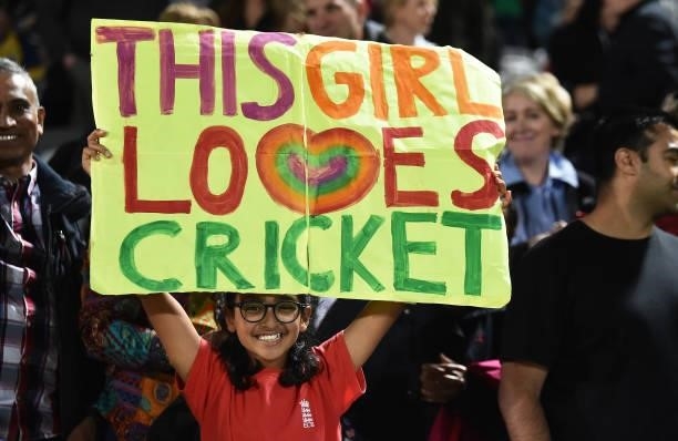 Fans react in the crowd during The Hundred Final match between Birmingham Phoenix Men and Southern Brave Men at Lord's Cricket Ground on August 21,...