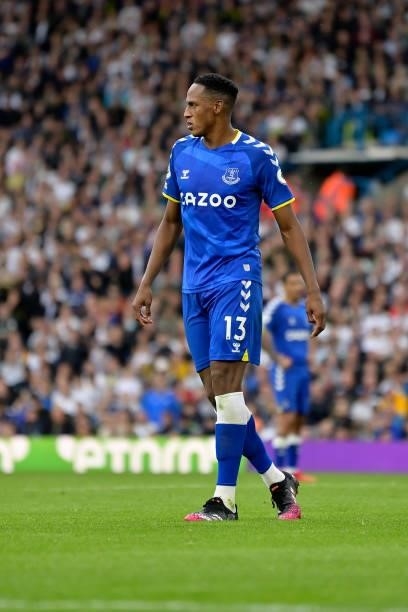 Yerry Mina of Everton during the Premier League match between Leeds United and Everton at Elland Road on August 21 2021 in Leeds, England.