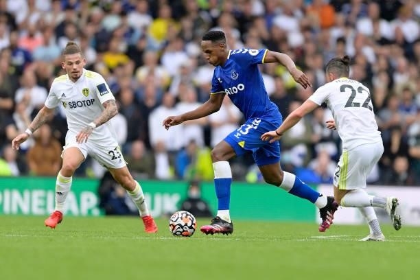 Yerry Mina of Everton on the ball during the Premier League match between Leeds United and Everton at Elland Road on August 21 2021 in Leeds, England.