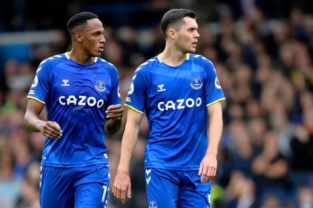 Yerry Mina and Michael Keane of Everton during the Premier League match between Leeds United and Everton at Elland Road on August 21 2021 in Leeds,...