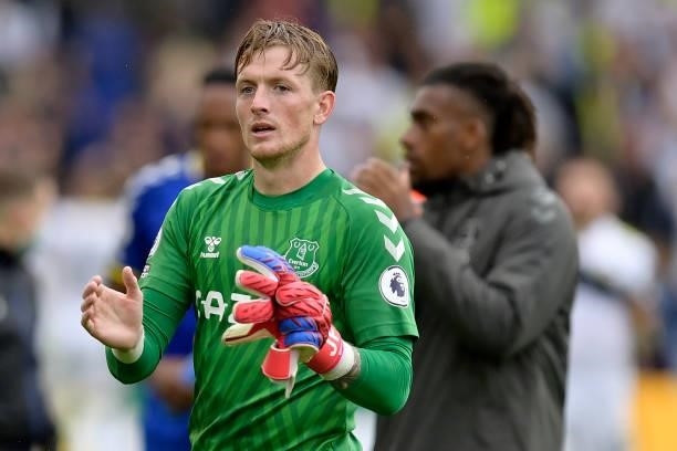 Jordan Pickford of Everton applauds after the Premier League match between Leeds United and Everton at Elland Road on August 21 2021 in Leeds,...