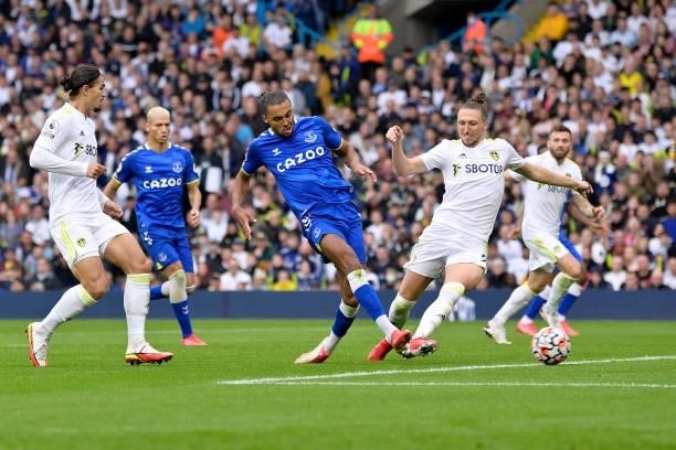 Dominic Calvert-Lewin of Everton with a chance on goal during the Premier League match between Leeds United and Everton at Elland Road on August 21...