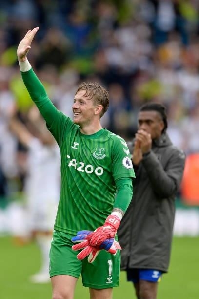 Jordan Pickford of Everton waves after the Premier League match between Leeds United and Everton at Elland Road on August 21 2021 in Leeds, England.