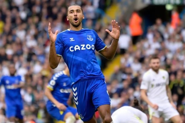 Dominic Calvert-Lewin of Everton reacts to a missed chance during the Premier League match between Leeds United and Everton at Elland Road on August...