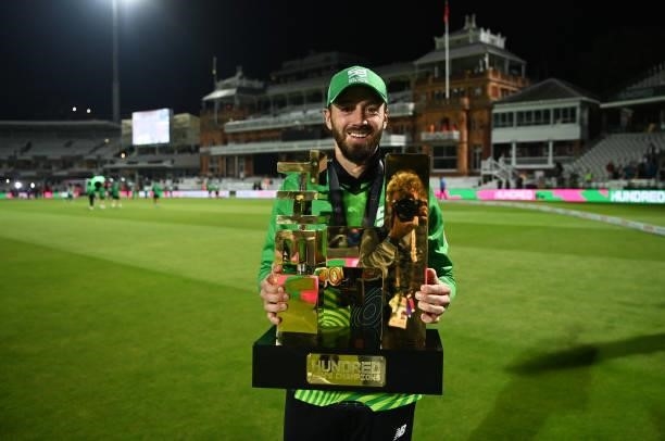 James Vince of Southern Brave Men poses with The Men's Hundred Trophy following The Hundred Final match between Birmingham Phoenix Men and Southern...