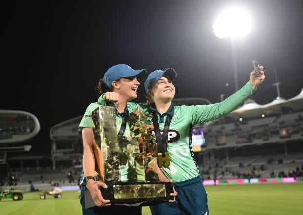 Grace Gibbs and Mady Villiers of Oval Invincibles Women celebrate following The Hundred Final match between Southern Brave Women and Oval Invincibles...